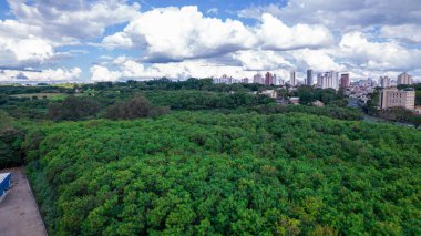 Brezilya 'nın Sao Paulo kentindeki Piracicaba şehrinin hava manzarası. Ağaçları, evleri ve ofisleri olan Piracicaba Nehri.