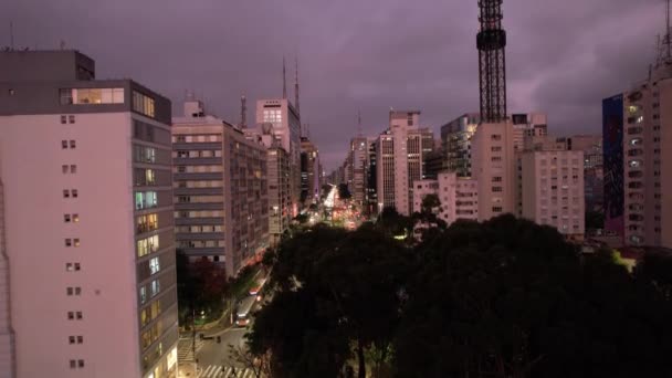 Av的空中视图 圣保罗的Paulista 首都的主要道路 照片在晚上 与车灯 — 图库视频影像