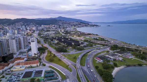 stock image Aerial view of Avenida Beira Mar in Florianopolis, Santa Catarina, Brazil. At sunrise