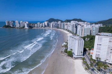 This coastal landscape features Praia da Pitangueiras in Guaruja, Sao Paulo, where clear blue waters meet golden sands and tall buildings line the shore, inviting visitors to enjoy the beach. clipart