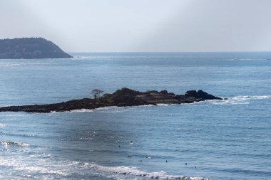 Guaruja, Sao Paulo 'daki Praia da Pitangueiras plajının hava manzarası...