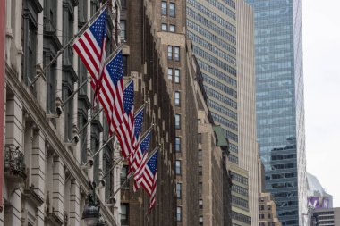 Manhattan 'ın binaları boyunca gururla asılı duran bir sıra Amerikan bayrakları bulutlu bir öğleden sonra New York' un canlı ruhunu sergiliyor. Kentsel ufuk çizgisi arka planda görünür..