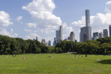 Parlak bir gökyüzü altında ziyaretçiler New York City parkının yemyeşil çimlerinde dinlenirken modern gökdelenler arka planda görkemli bir şekilde yükseliyor ve kentsel yaşamı gözler önüne seriyorlar..