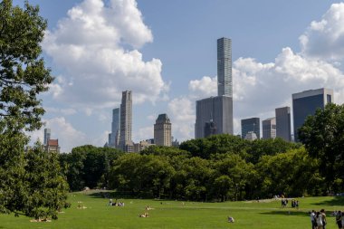 Parlak bir gökyüzü altında ziyaretçiler New York City parkının yemyeşil çimlerinde dinlenirken modern gökdelenler arka planda görkemli bir şekilde yükseliyor ve kentsel yaşamı gözler önüne seriyorlar..