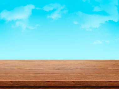 Mavi gökyüzü arkaplanlı ahşap masa