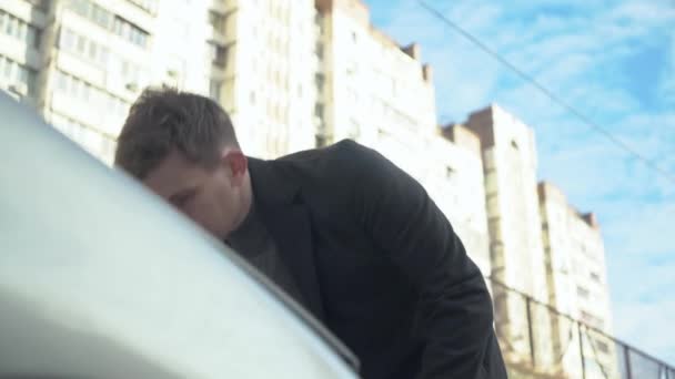 Young Man Opens Hood His Car Car Breakdown Close — Vídeo de Stock