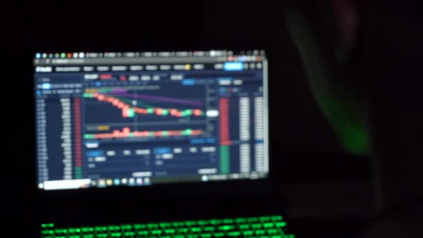 Man Works Cryptocurrency Laptop Dark Room Close — Stockvideo