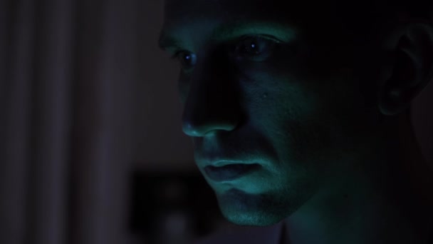 Portrait Male Hacker Nervous Look Close Blue Light — Vídeo de Stock