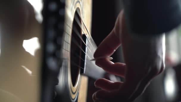 Man Plays Vintage Acoustic Guitar Plectrum Close — ストック動画