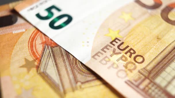 Ятдесят Євро Купюр Банкнот Макропанорама — стокове відео