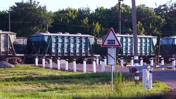 Vorbeifahrender Güterzug Eisenbahnkreuzung — Stockvideo