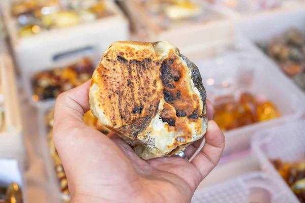 Huge raw unpolished Baltic amber stone held in man's hand