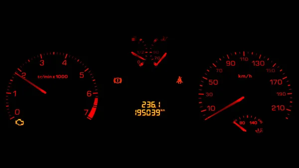 Hintergrundbeleuchtete Auto Steuertafel Mit Automobil Messgeräten Geschwindigkeitsmesser Drehmomentmesser Kraftstoffstand Laufleistung — Stockfoto