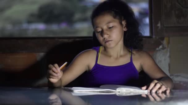 Close Brown Skinned Latina Girl Writing Her Yellow Pencil Her — Vídeos de Stock