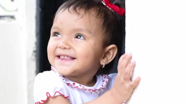 Close Face Beautiful Latina Baby Girl Brown Skin Very Happy — Vídeo de Stock
