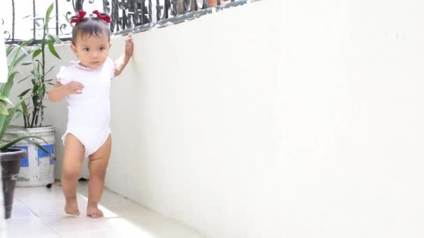 Beautiful Baby Latina Brown Skin Taking Her First Steps Curious — Video