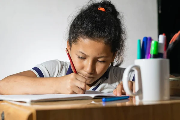 little girl, latina student doing her homework very concentrated and fast, on a wooden desk