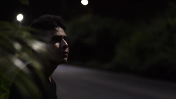 Close Pensive Teenager Sitting Side Road Cars Pass Him Quiet — Vídeo de stock