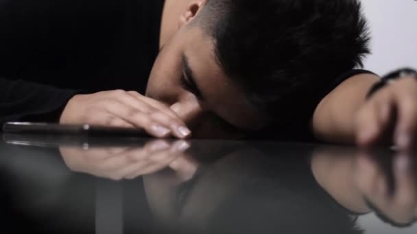 Latino Teenager Waking Having Slept Table Looking His Cell Phone — Video