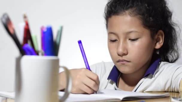Little Latina Girl Brunette Studying Very Bored Lazily Doing Her — Video
