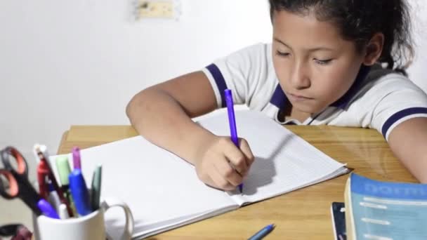 Little Latina Girl Very Bored Studying Top Desk School Doing — Stockvideo