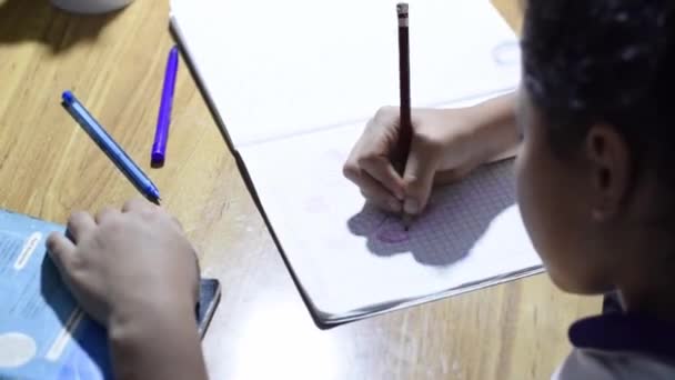 Primer Plano Una Pequeña Chica Latina Morena Pintando Dibujo Cuaderno — Vídeos de Stock