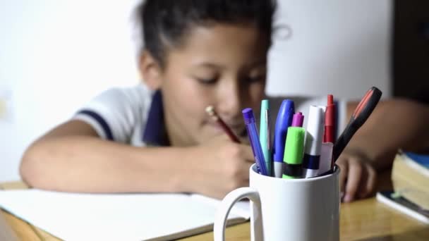 Close Cup Full Colored Pencils Background Little Latin Girl Studying — Stockvideo