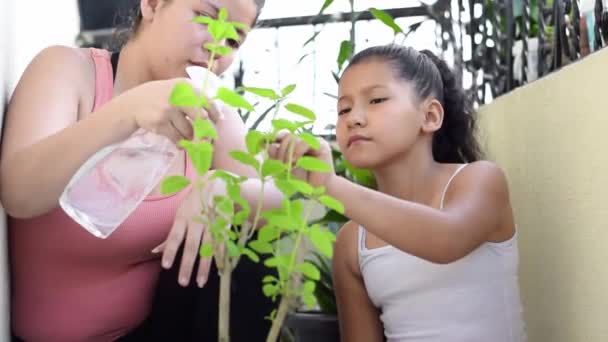 Młoda Latynoska Matka Uczy Swoją Młodą Córkę Jak Podlewać Rośliny — Wideo stockowe