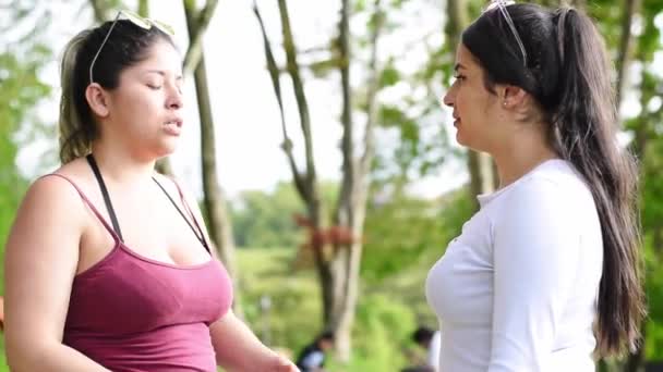 两个拉丁裔女大学生在公园里聊着她们的生活计划 — 图库视频影像