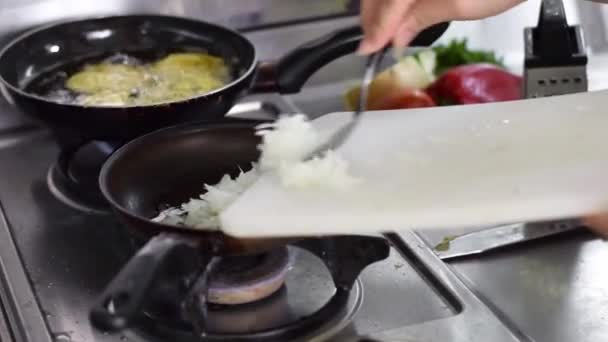 一个女人的特写镜头 她把切好的洋葱倒进锅里 用勺子搅拌 做炖菜 — 图库视频影像