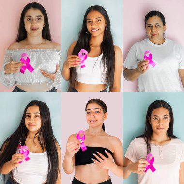 collage of different latin women of different races and ethnicities, holding in their hands a pink ribbon symbolizing breast cancer clipart