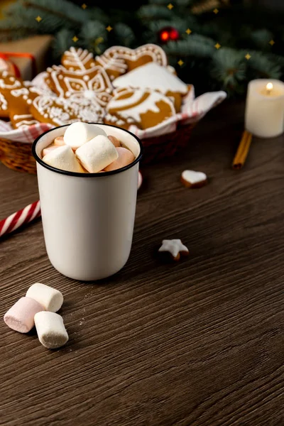 Greeting Christmas Card Gingerbread Cookies Cocoa Marshmallows Candle Table Focus — Stock Photo, Image