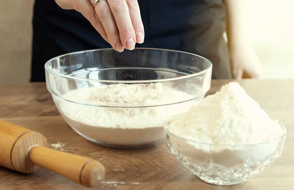 Female Hands Knead Yeast Dough Glass Bowl Baking Concept — Stock Photo, Image