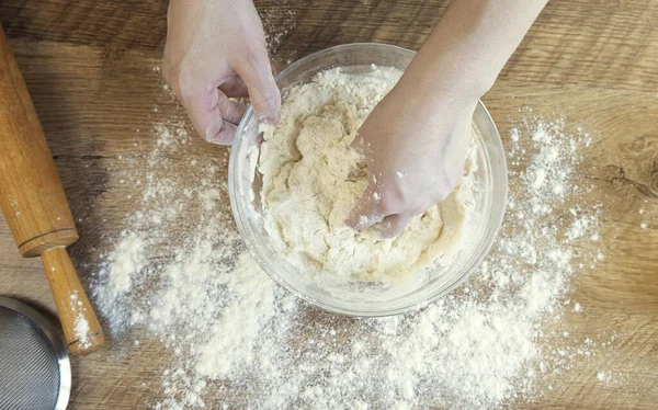 Top View Female Hands Kneading Dough Baking Concept Making Yeast — Stock Photo, Image