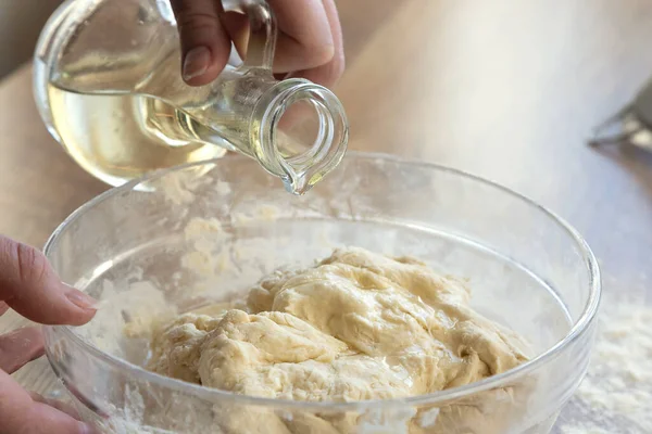 Close Female Hands Adding Oil Dough Flour Background Bread Baking — Stock Photo, Image