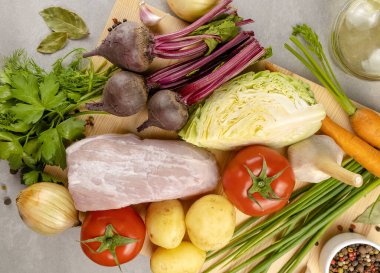 Pancar, et, lahana, patates, havuç, ot, domates, soğan, sarımsak ve baharat. Ukrayna borsch tarifi.