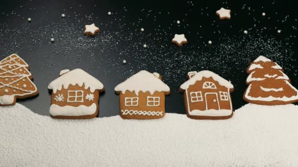 糖衣姜饼 形状为圣诞树和小棚屋 背景为黑色 雪白的糖粉状 — 图库视频影像