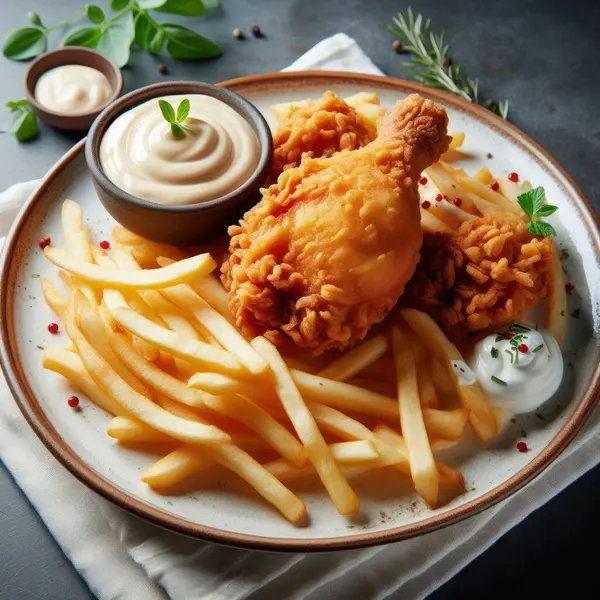 french fries, chicken and nuggets