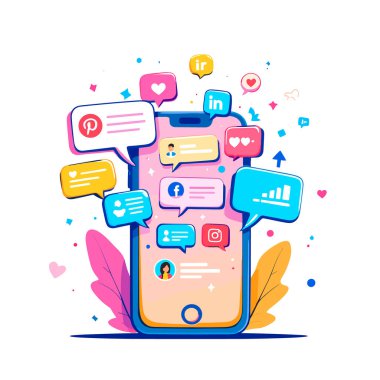 Sosyal medya kavramı, renkli illüstrasyon.