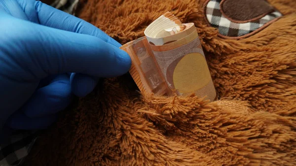 a gloved hand retrieves money from a cache found in a soft toy