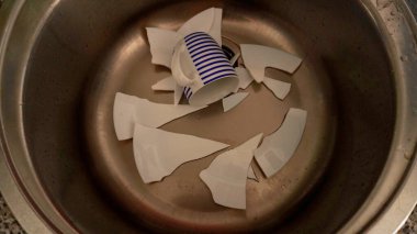           a broken plate in the sink, with a mug lying among the shards                      clipart
