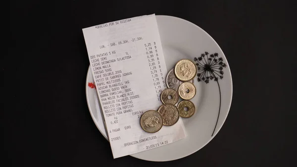 check paid in Spanish pesetas, coins are on a plate next to the purchase receipt, on a black background
