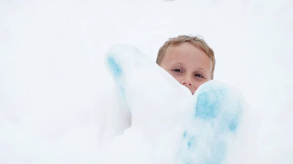Blond Boy Foam Foam Party Children — Stock Photo, Image