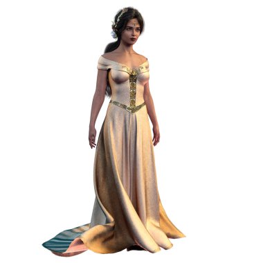 Kahverengi Saçlı Ortaçağ Fantezi Kadın Uzun Krem Renkli Elbise ve Çiçek Taç İzole Beyaz Arkaplan, 3D Resim, 3D Renklendirme
