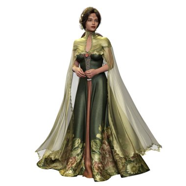Uzun Yeşil Çiçekli Kahverengi Saçlı Ortaçağ Fantezi Kadın Çember ve Çiçek Taç Giyen İzole Beyaz Arkaplan, 3D Görüntü, 3D Görüntü