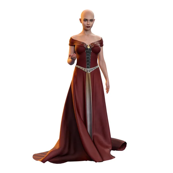 Bald Medieval Fantasy Woman in Long Red Dress with Circlet and Crown of Flowers on Isolated White Background, 3D Illustration, 3D Rendering