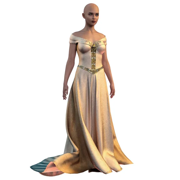Bald Medieval Fantasy Woman Long Cream Dress Circlet Crown Flowers — Stok Foto