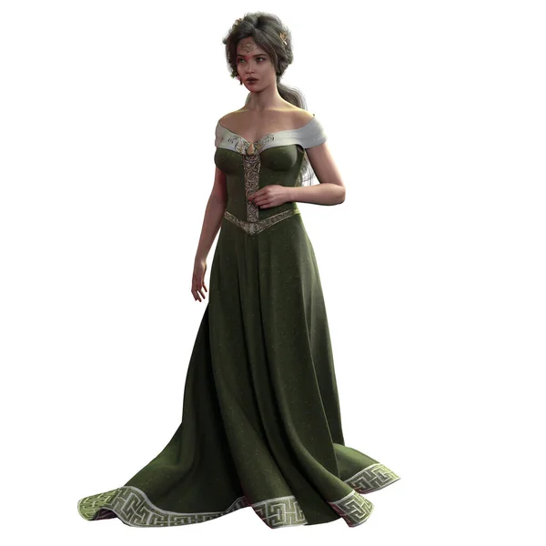 Brown Haired Medieval Fantasy Woman Long Green Dress Circlet Crown — Stock Photo, Image
