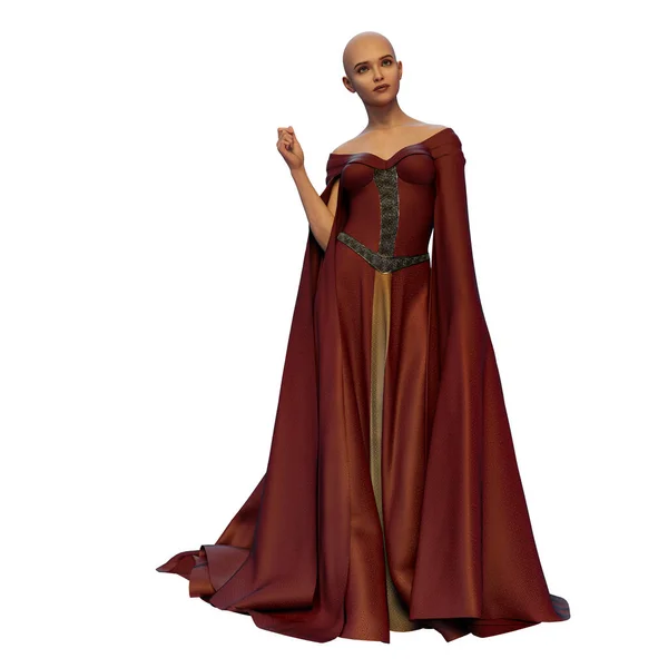 Φαλακρή Μεσαιωνική Γυναίκα Φαντασίας Μακρύ Κόκκινο Φόρεμα Circlet Και Στέμμα — Φωτογραφία Αρχείου