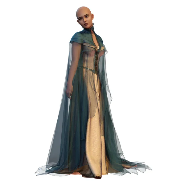Bald Medieval Fantasy Woman Long Blue Cream Colored Dress Circlet — Stok Foto